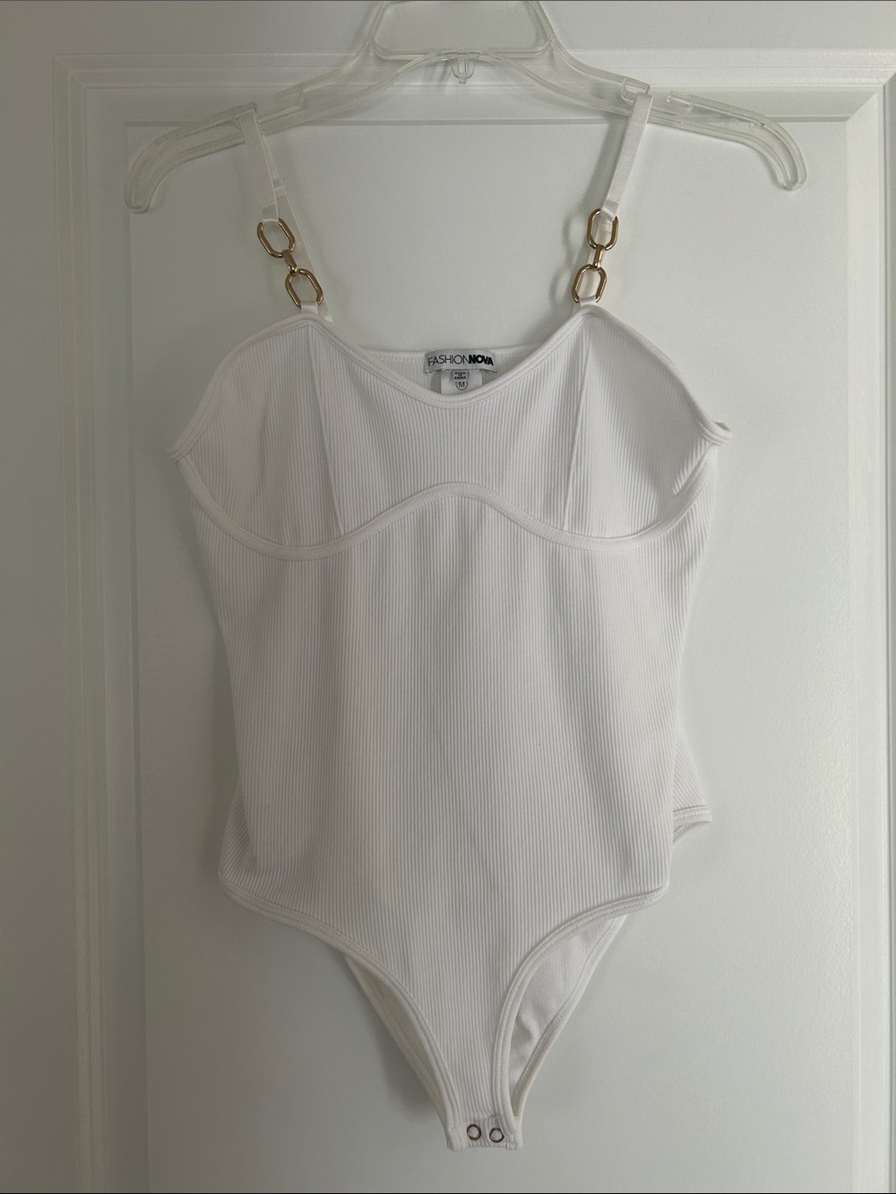 Fashion Nova White Ribbed One-Piece Bodysuit with Gold Chain Straps Med